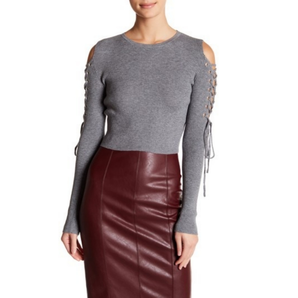 Do + Be Cold Shoulder Lace-Up Sleeve Ribbed Knit Crop Top